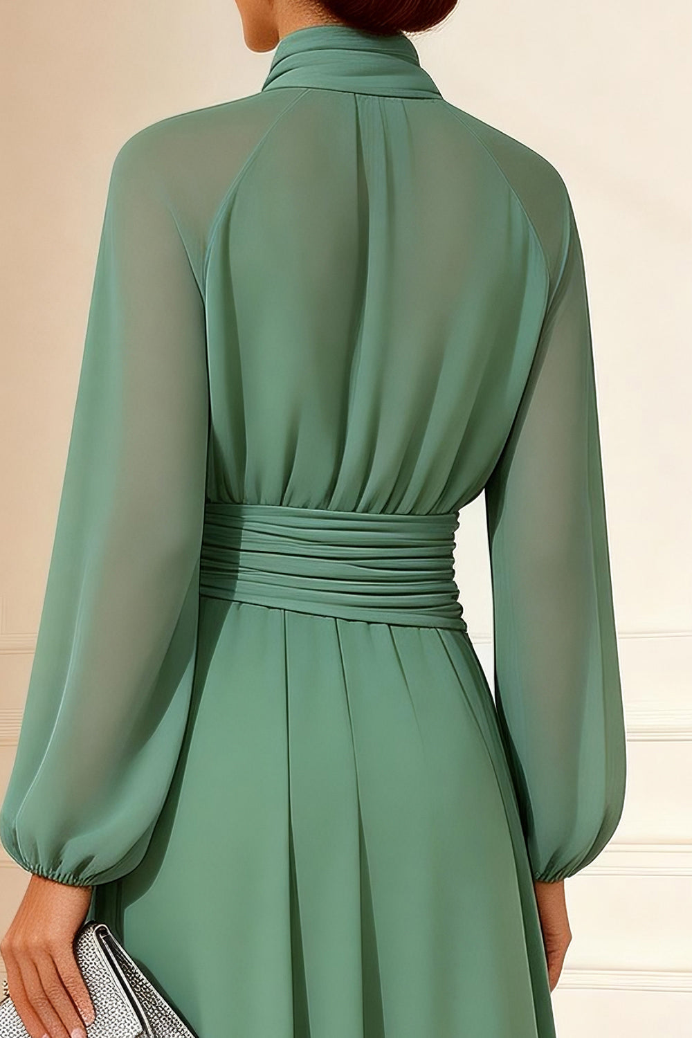 Sage Green A Line Ruched High Neck Mother of the Bride Dress - Image 4