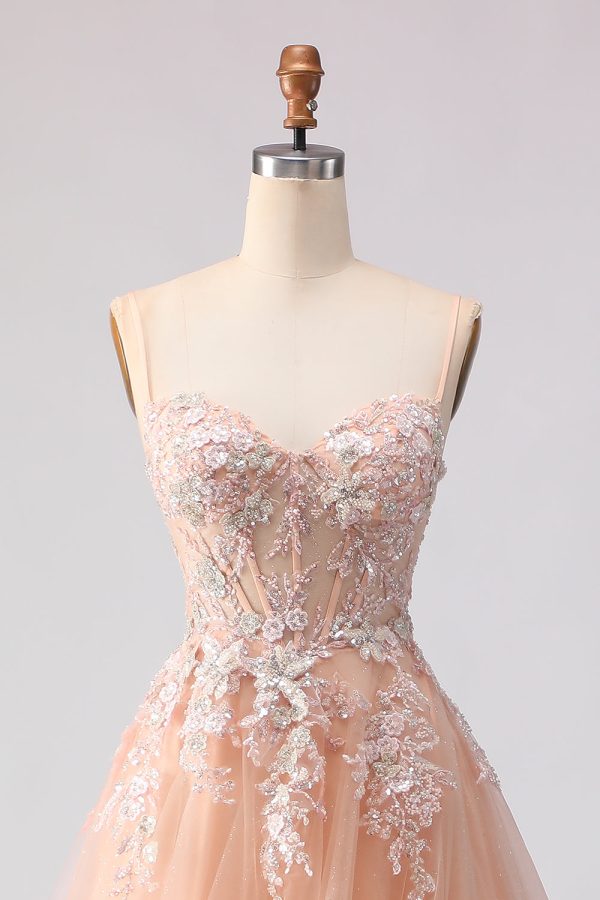 Sage Green A Line Appliqued Corset Sequin Prom Dress - Image 11
