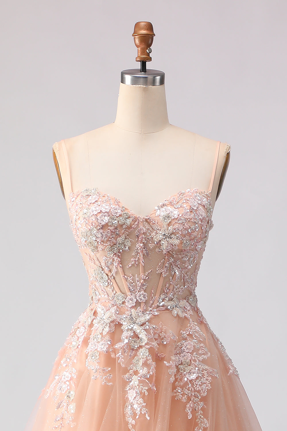 Sage Green A Line Appliqued Corset Sequin Prom Dress - Image 11