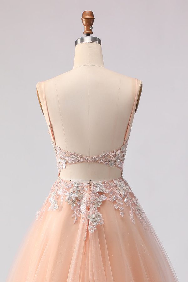 Sage Green A Line Appliqued Corset Sequin Prom Dress - Image 12