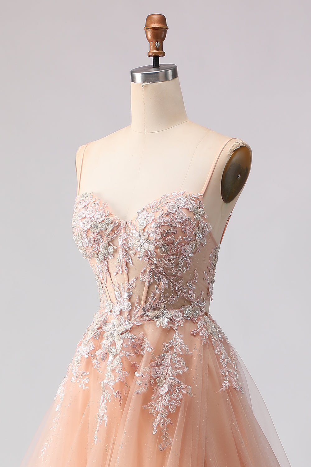 Sage Green A Line Appliqued Corset Sequin Prom Dress - Image 13
