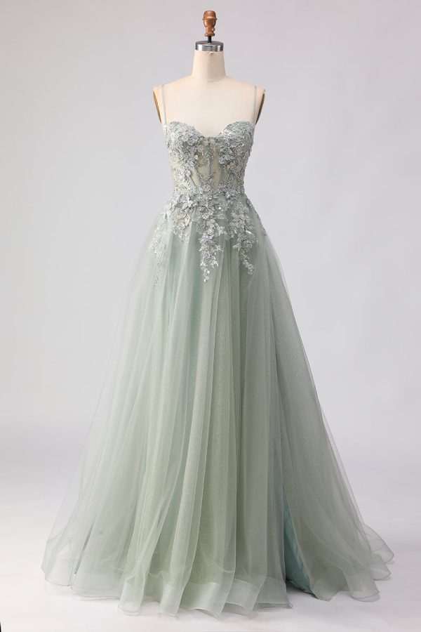 Sage Green A Line Appliqued Corset Sequin Prom Dress