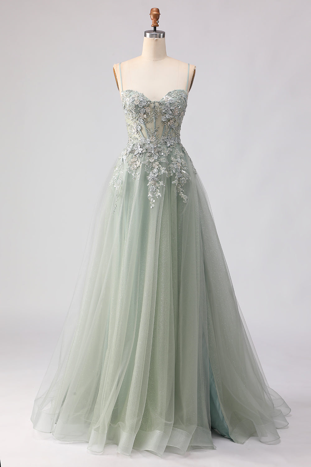 Sage Green A Line Appliqued Corset Sequin Prom Dress - Image 1