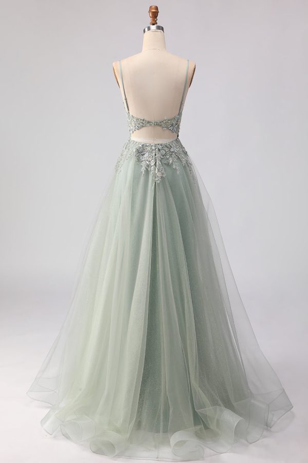 Sage Green A Line Appliqued Corset Sequin Prom Dress - Image 2