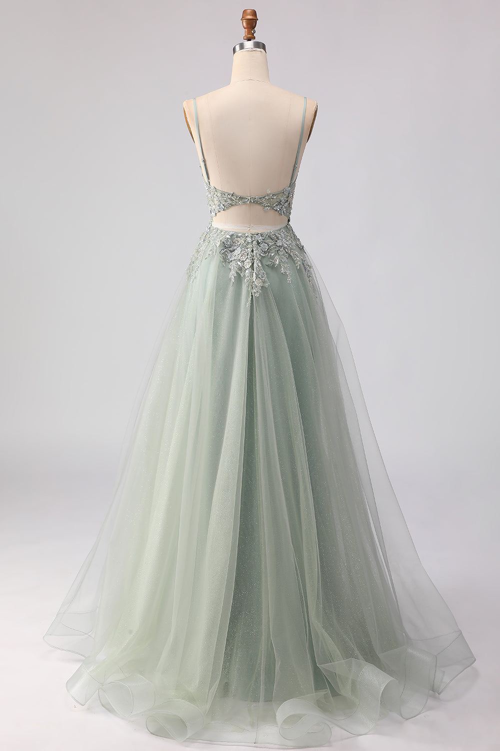 Sage Green A Line Appliqued Corset Sequin Prom Dress - Image 2