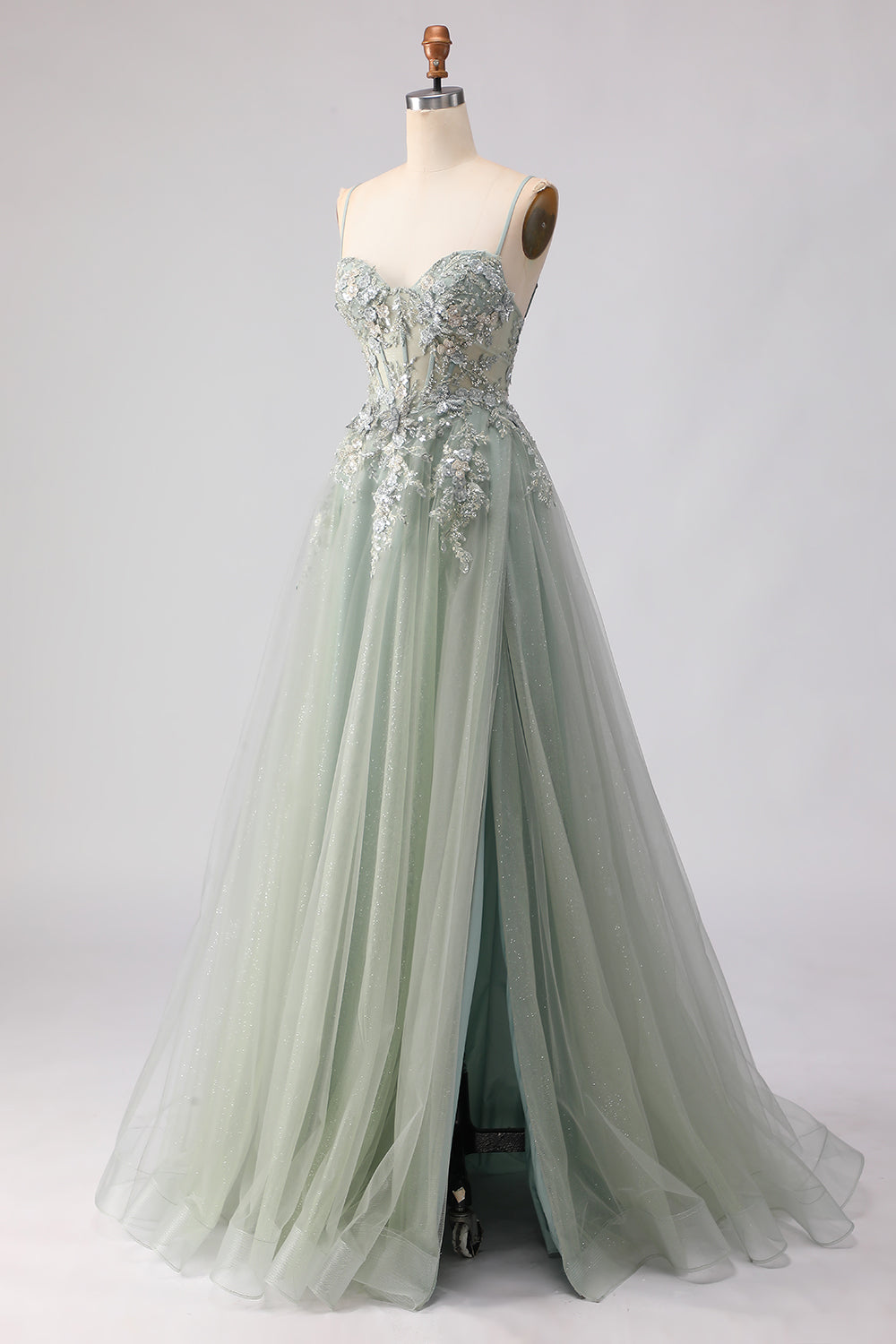 Sage Green A Line Appliqued Corset Sequin Prom Dress - Image 3