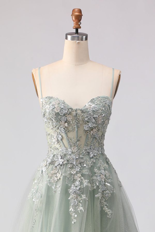 Sage Green A Line Appliqued Corset Sequin Prom Dress - Image 4