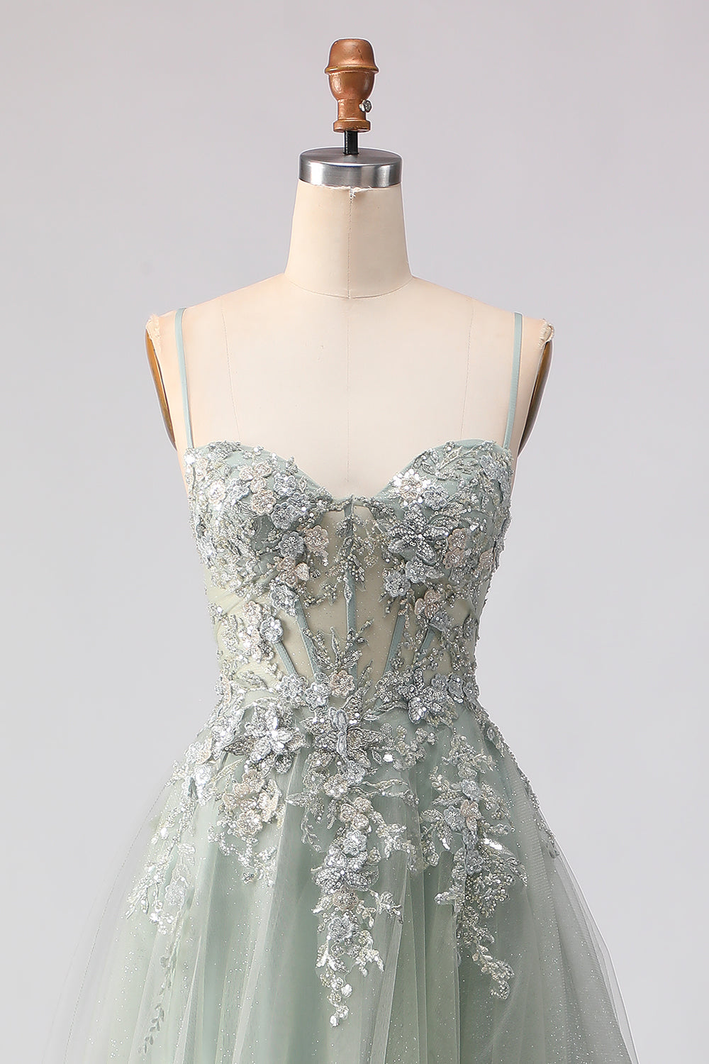 Sage Green A Line Appliqued Corset Sequin Prom Dress - Image 4