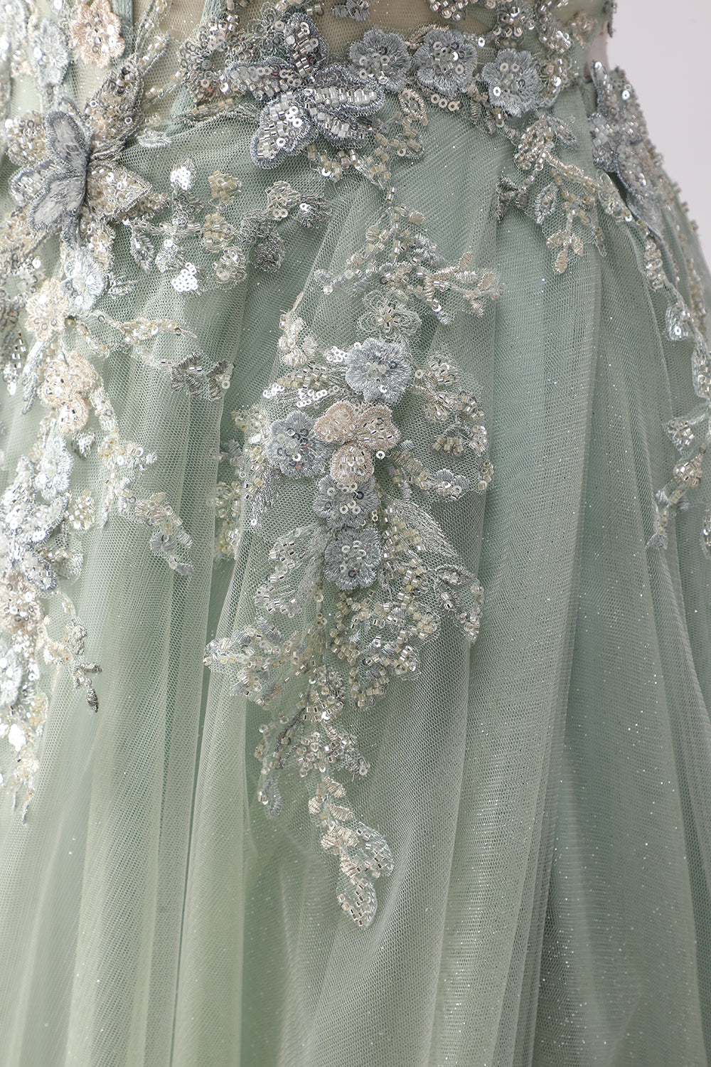 Sage Green A Line Appliqued Corset Sequin Prom Dress - Image 7