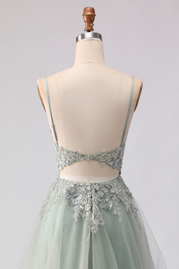 Sage Green A Line Appliqued Corset Sequin Prom Dress - Image 5