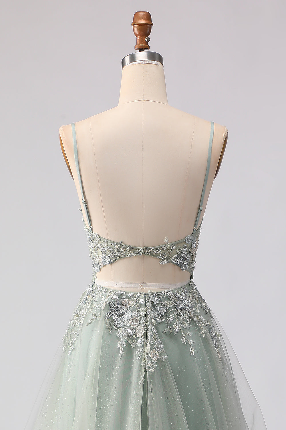 Sage Green A Line Appliqued Corset Sequin Prom Dress - Image 5