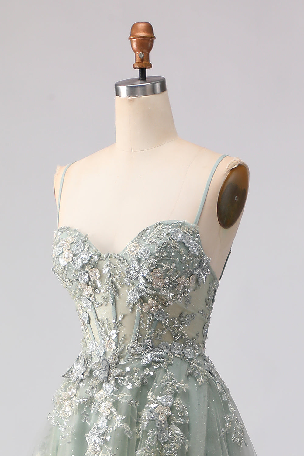 Sage Green A Line Appliqued Corset Sequin Prom Dress - Image 6