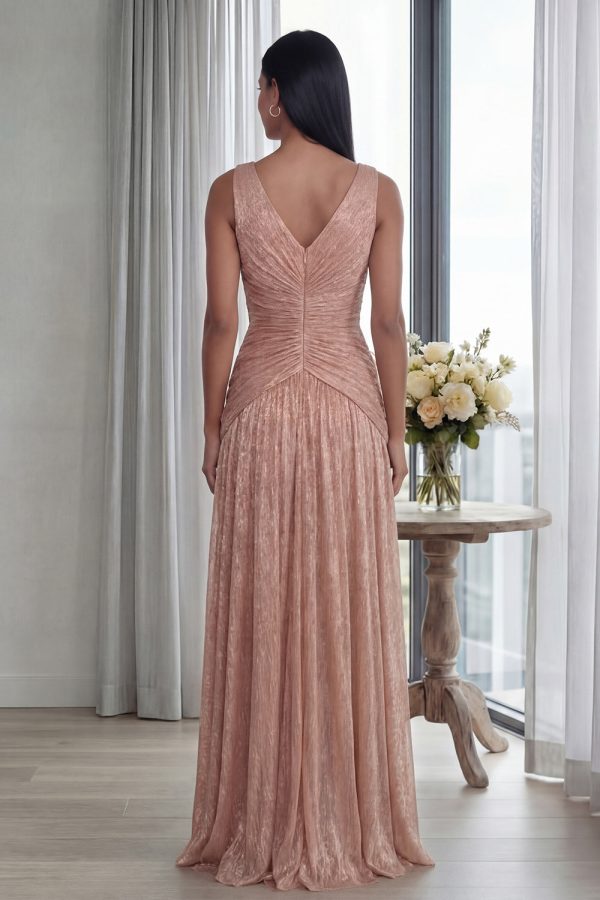 Ruched Dusty Rose A Line V Neck Formal Dress - Image 2