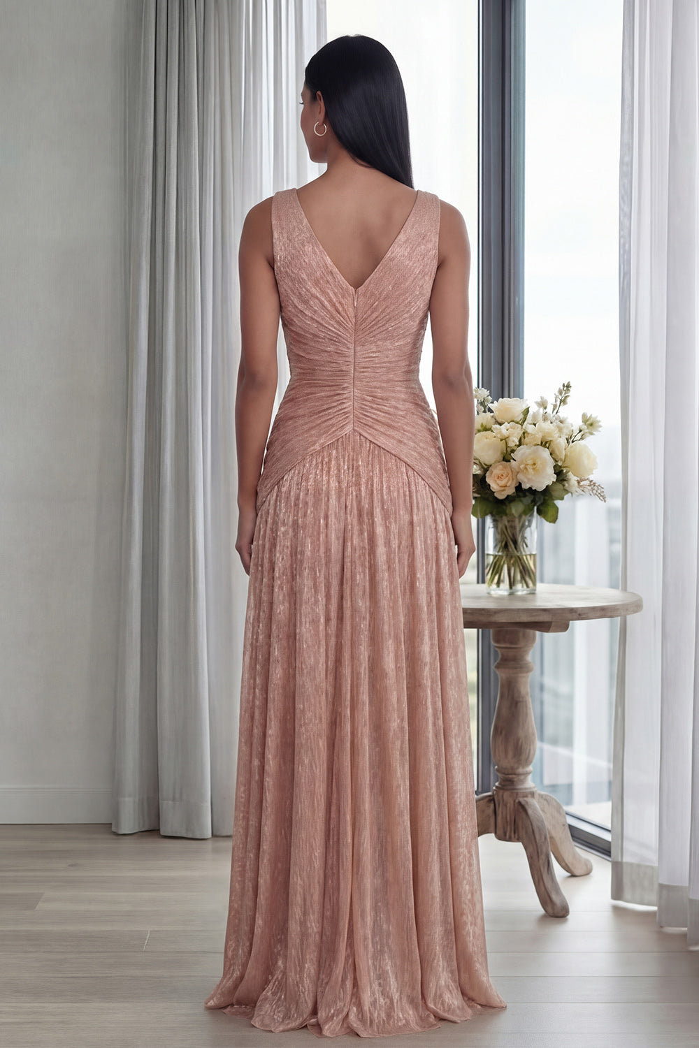 Ruched Dusty Rose A Line V Neck Formal Dress - Image 2