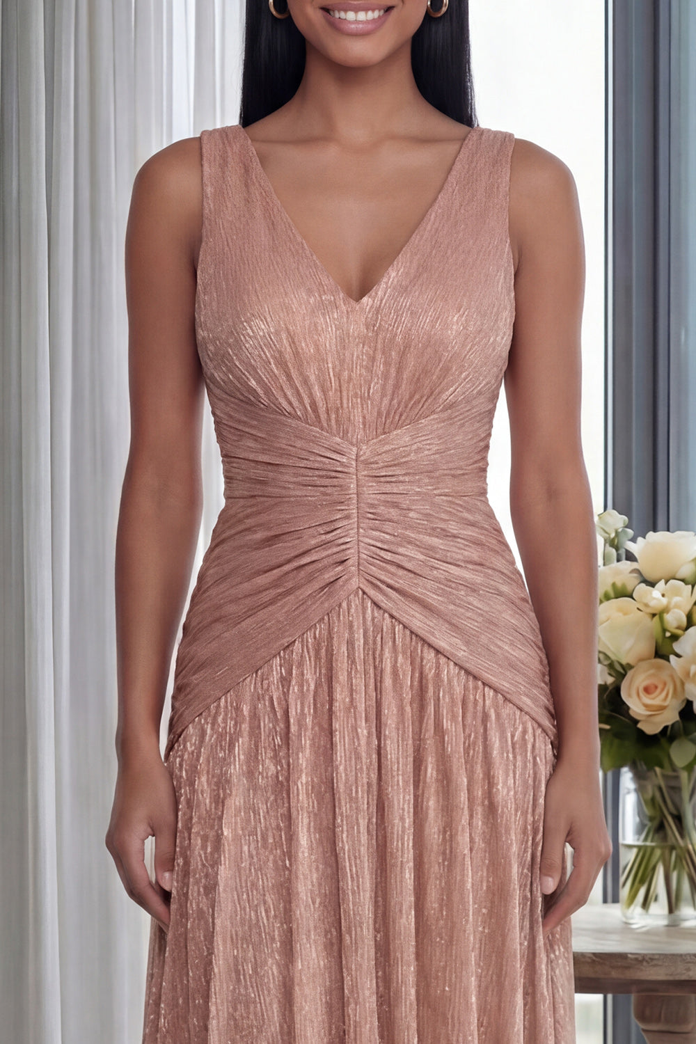 Ruched Dusty Rose A Line V Neck Formal Dress - Image 3