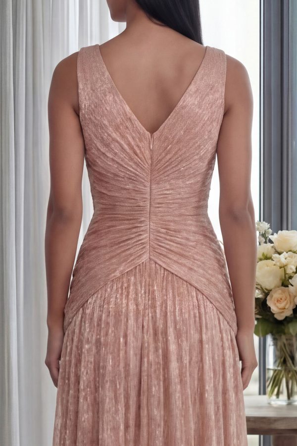 Ruched Dusty Rose A Line V Neck Formal Dress - Image 4