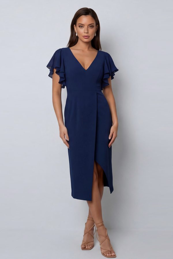 Ruffled Navy V Neck Midi Work Dress with Short Sleeves