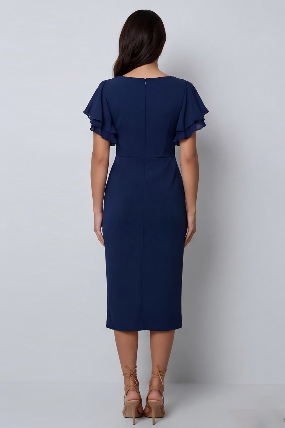 Ruffled Navy V Neck Midi Work Dress with Short Sleeves - Image 2