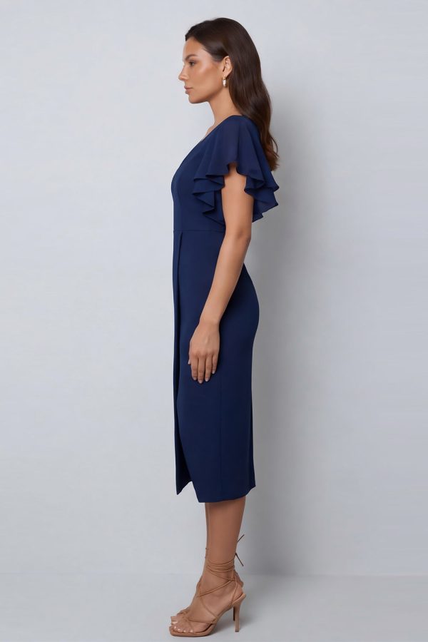 Ruffled Navy V Neck Midi Work Dress with Short Sleeves - Image 3