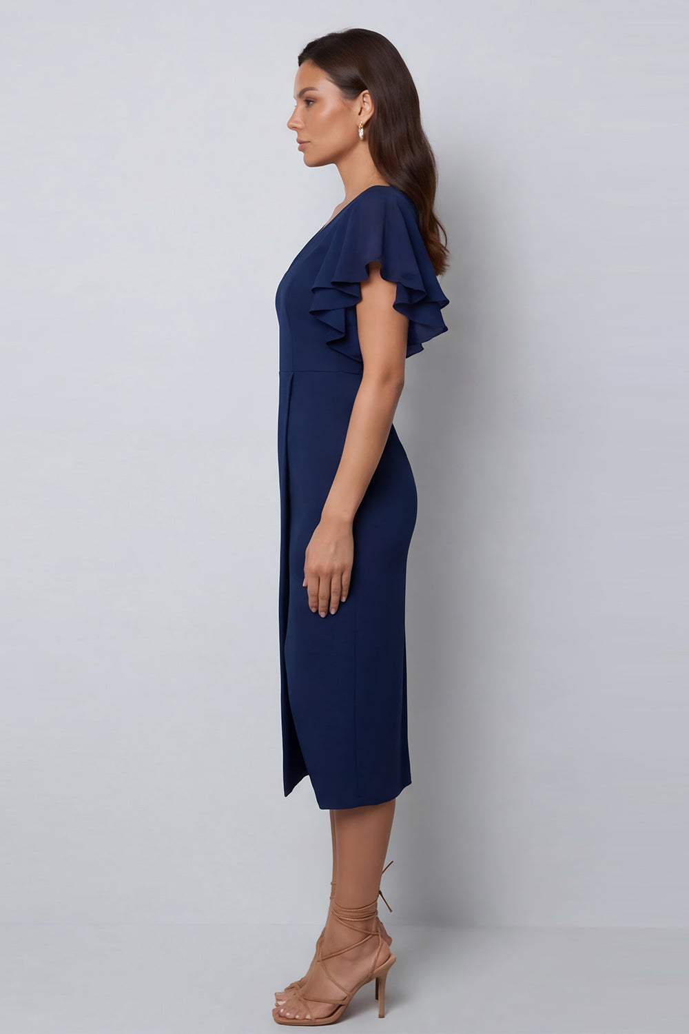 Ruffled Navy V Neck Midi Work Dress with Short Sleeves - Image 3