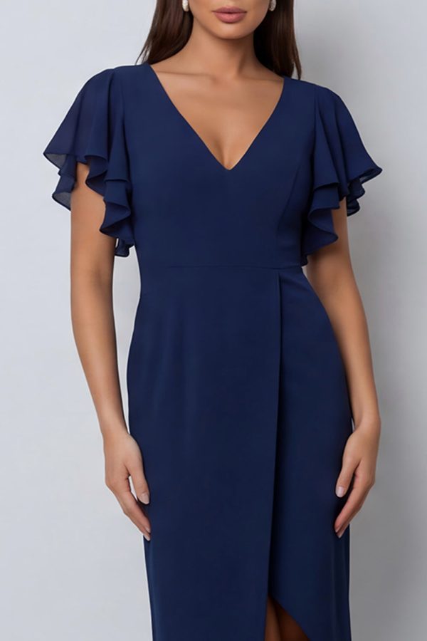 Ruffled Navy V Neck Midi Work Dress with Short Sleeves - Image 4