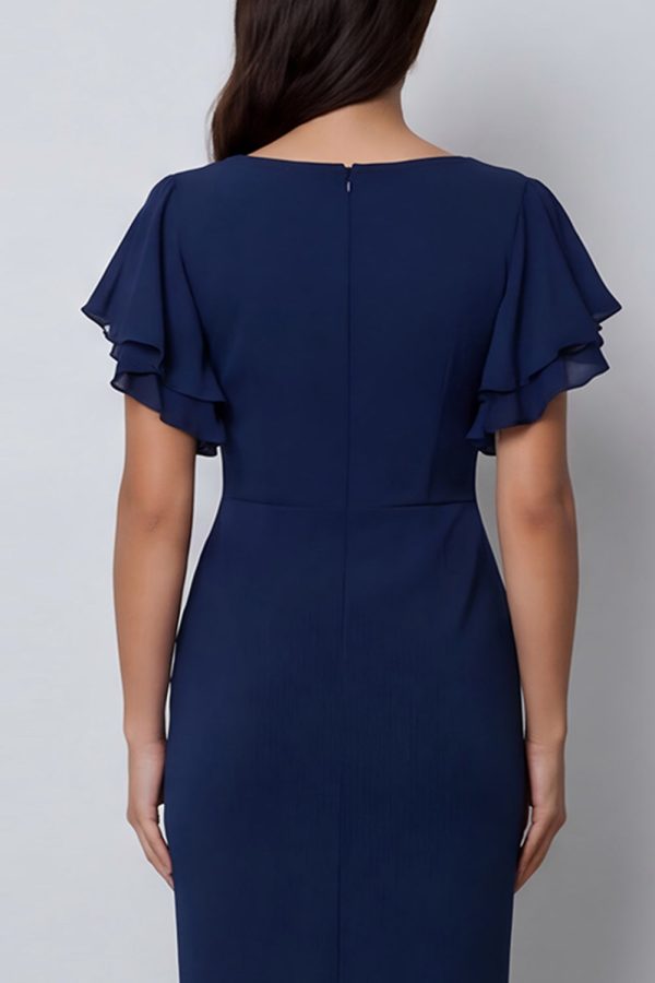 Ruffled Navy V Neck Midi Work Dress with Short Sleeves - Image 5