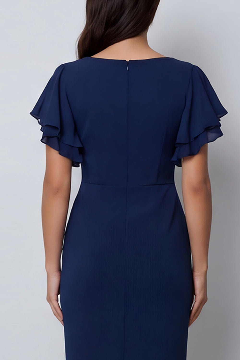 Ruffled Navy V Neck Midi Work Dress with Short Sleeves - Image 5