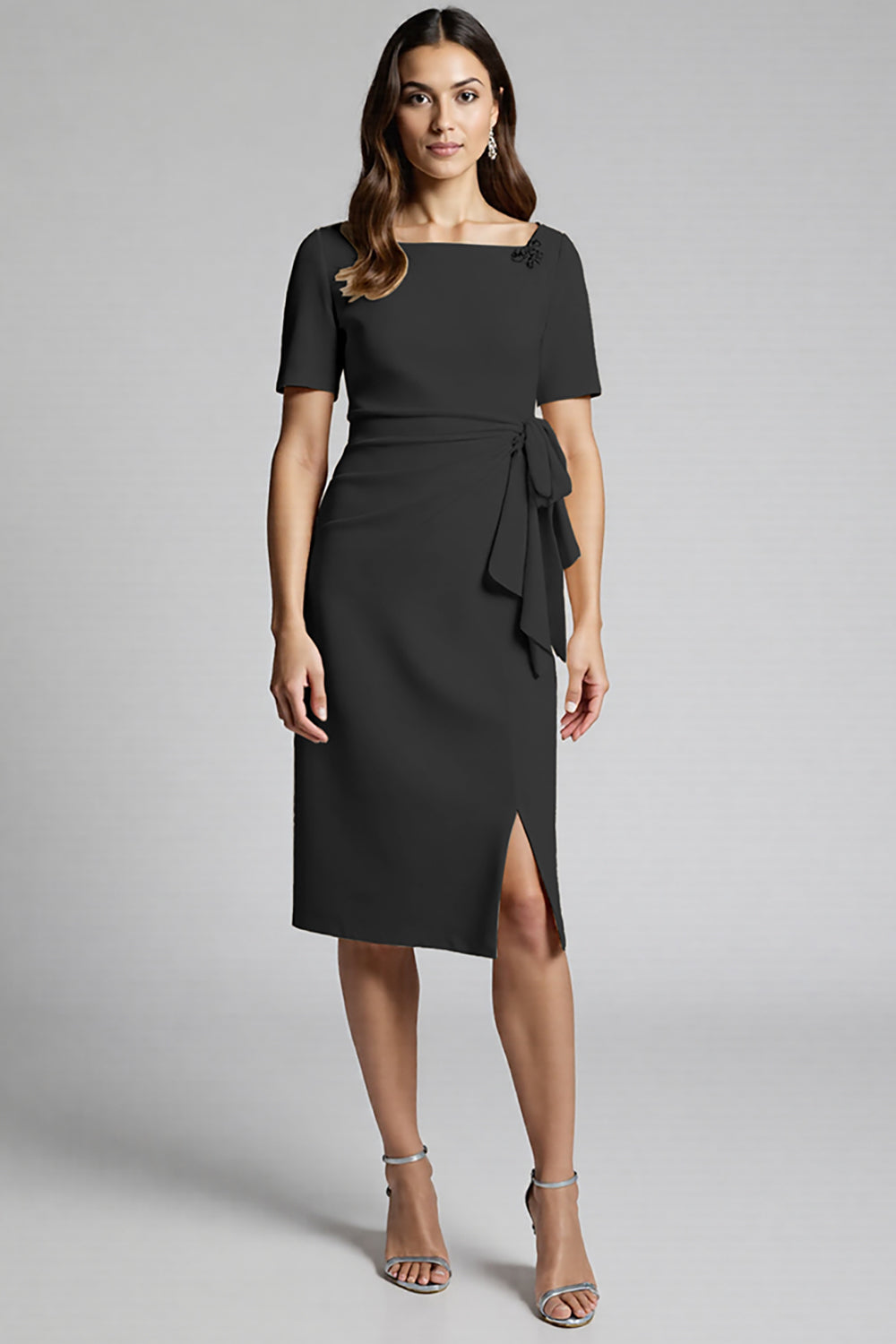 Ruffled Champagne Sheath Midi Dress with Slit - Image 5