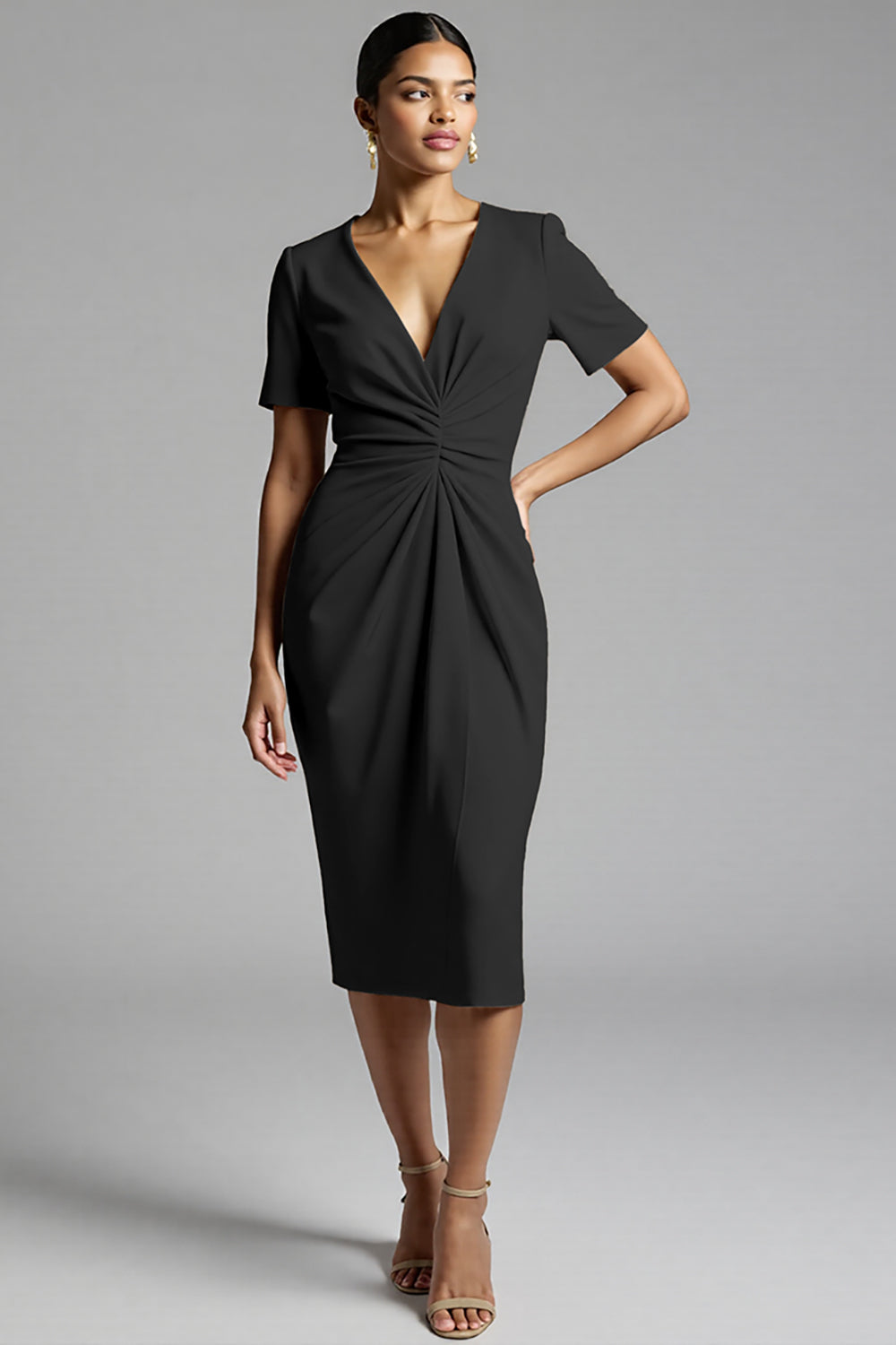Ruched Champagne Bodycon Midi Dress - Image 5