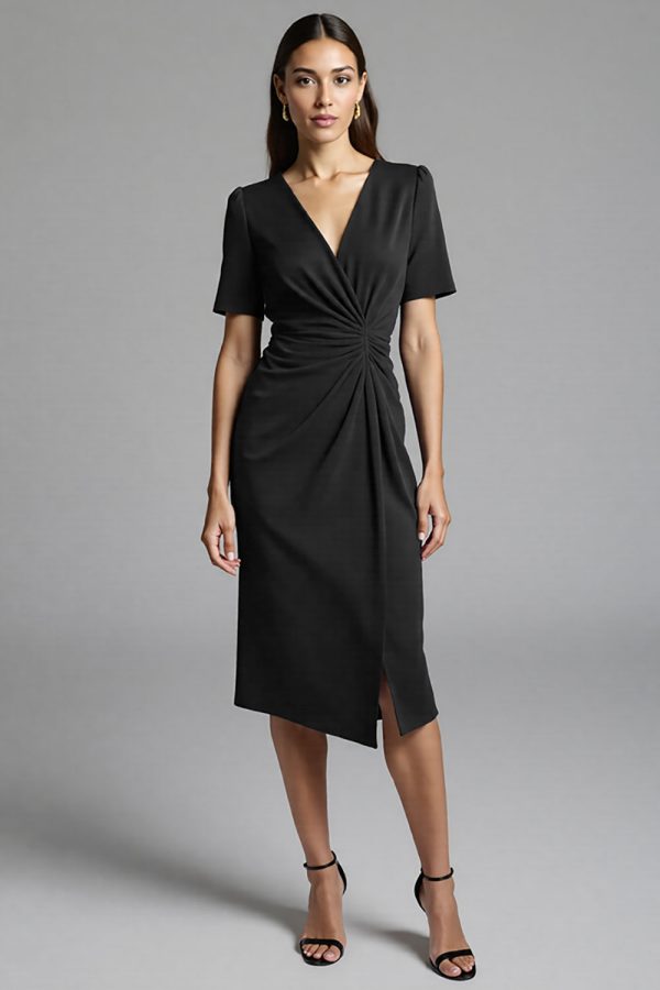 Ruched Navy Short Sleeve V-Neck Midi Dress - Image 5
