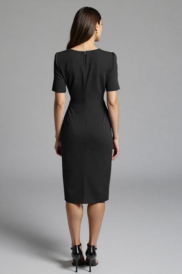 Ruched Navy Short Sleeve V-Neck Midi Dress - Image 6