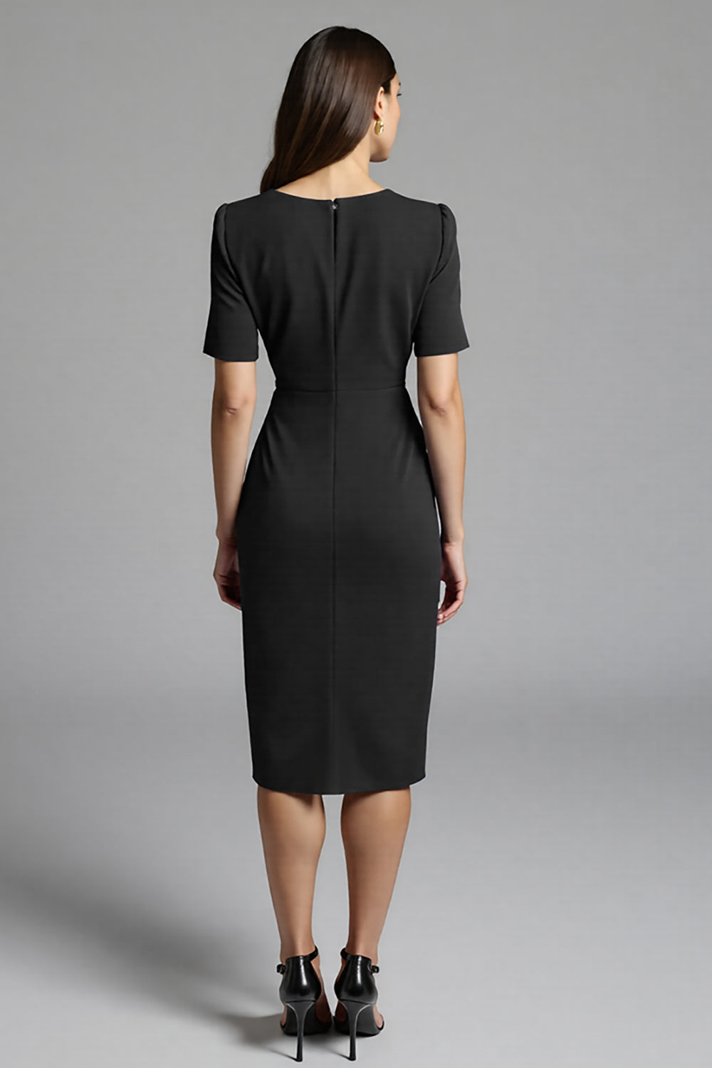 Ruched Navy Short Sleeve V-Neck Midi Dress - Image 6