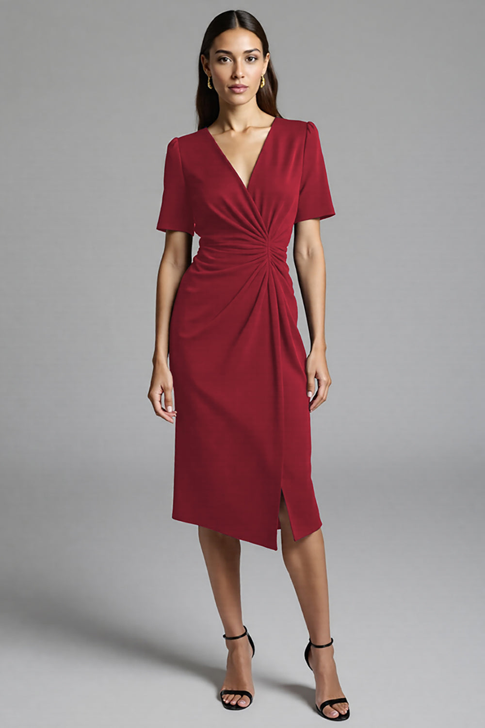 Ruched Navy Short Sleeve V-Neck Midi Dress - Image 7
