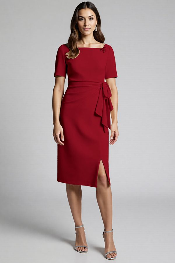 Ruffled Champagne Sheath Midi Dress with Slit - Image 7