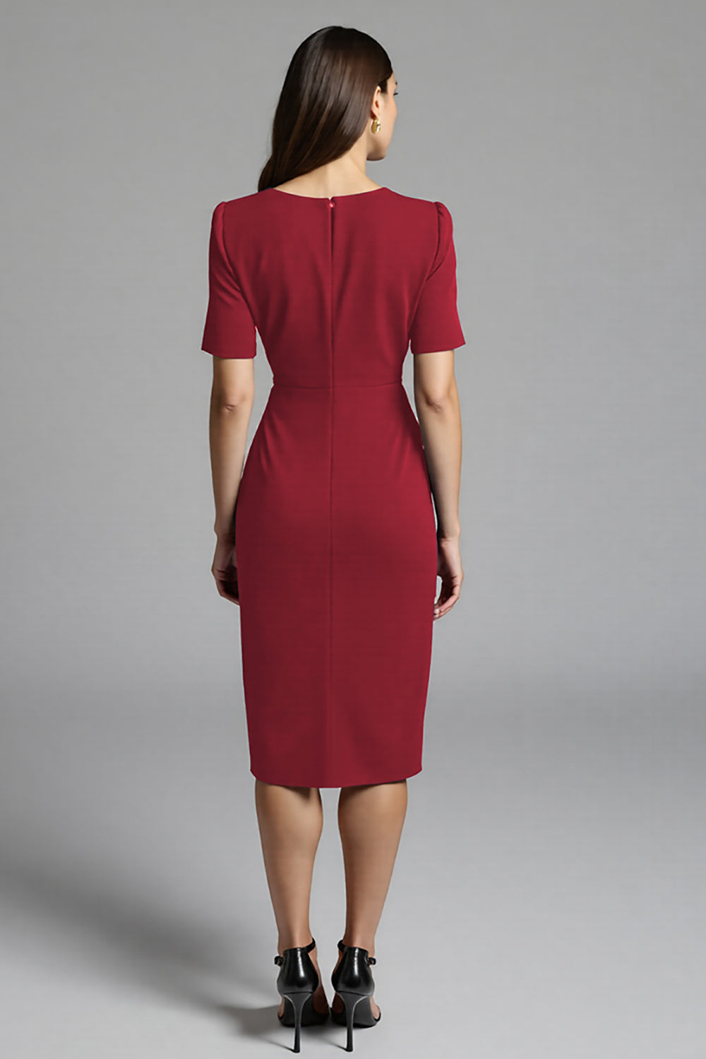 Ruched Navy Short Sleeve V-Neck Midi Dress - Image 8