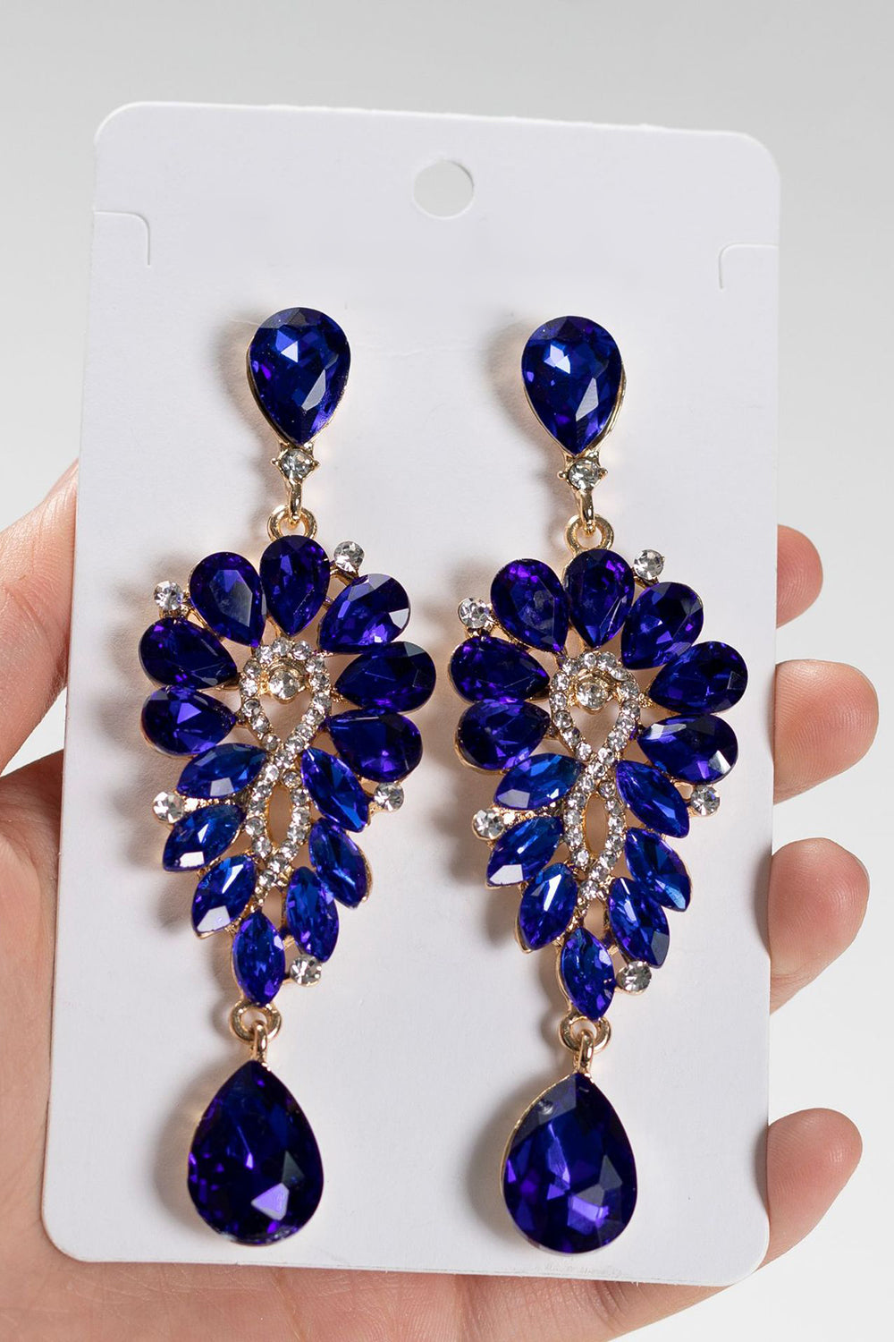 Royal Blue Vintage Rhinestone Teardrop Dangle Earrings - Image 1