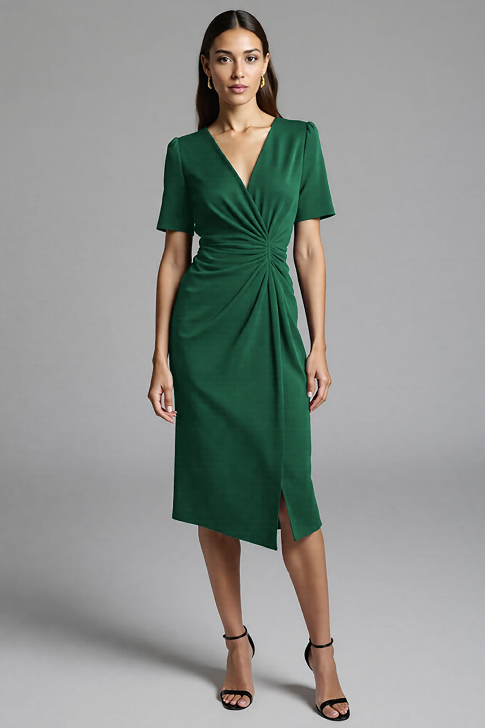 Ruched Navy Short Sleeve V-Neck Midi Dress - Image 9
