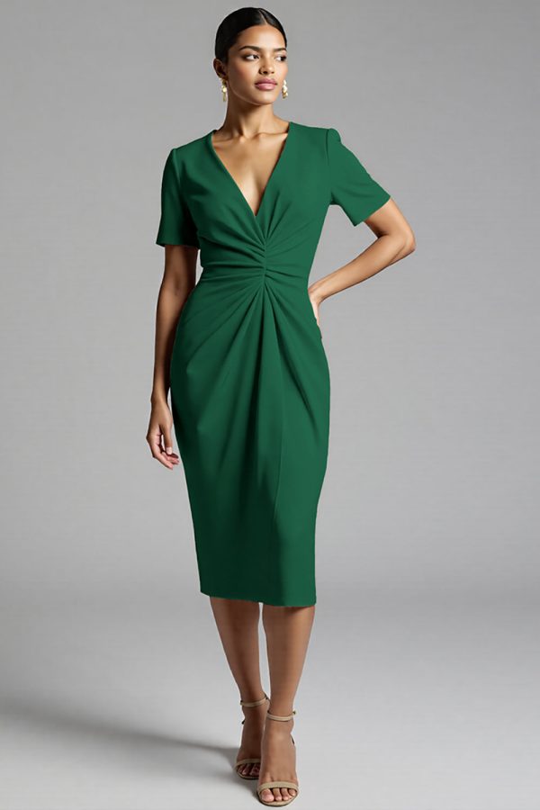 Ruched Champagne Bodycon Midi Dress - Image 9