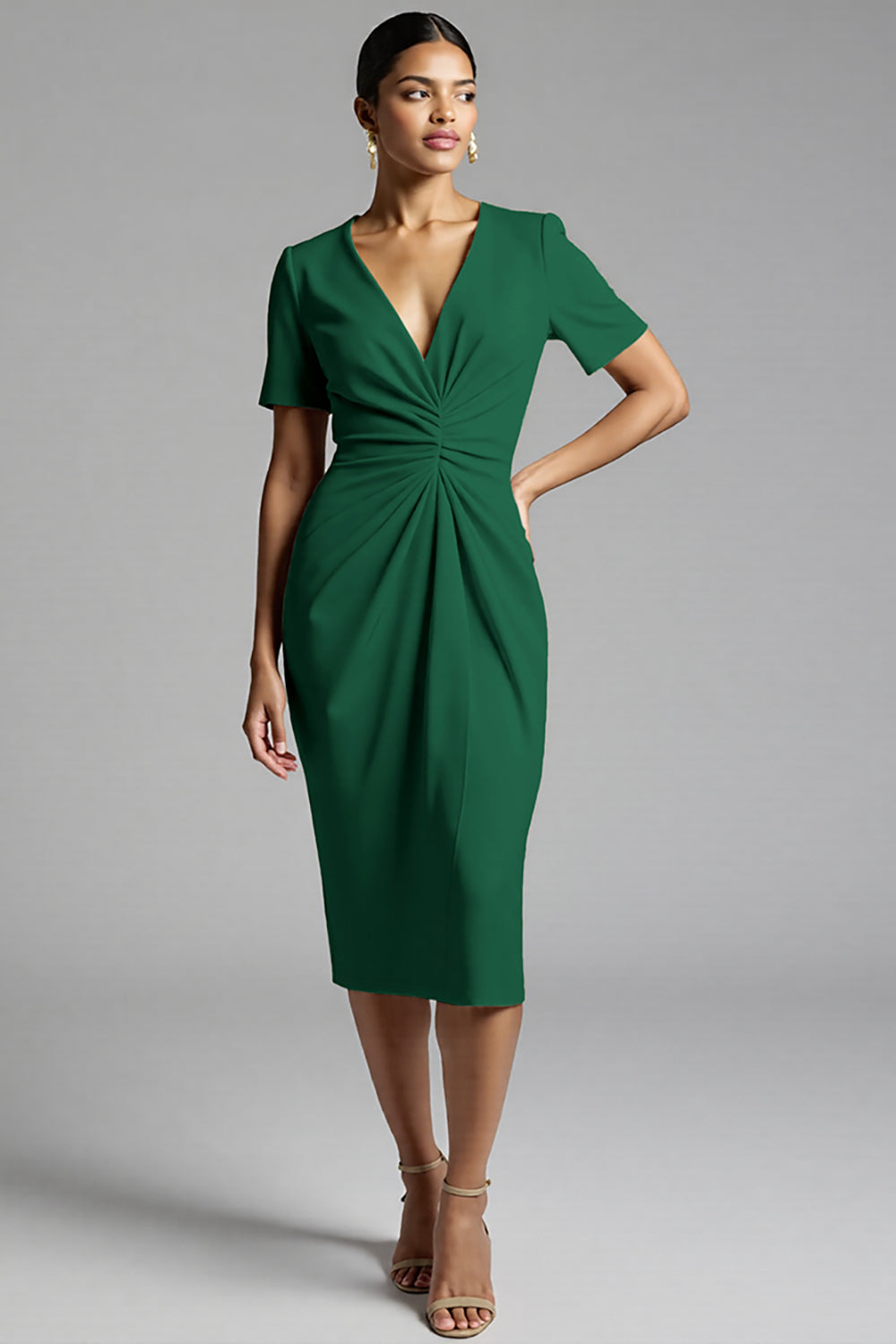 Ruched Champagne Bodycon Midi Dress - Image 9