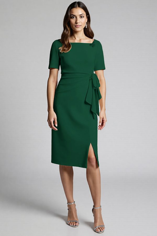 Ruffled Champagne Sheath Midi Dress with Slit - Image 9