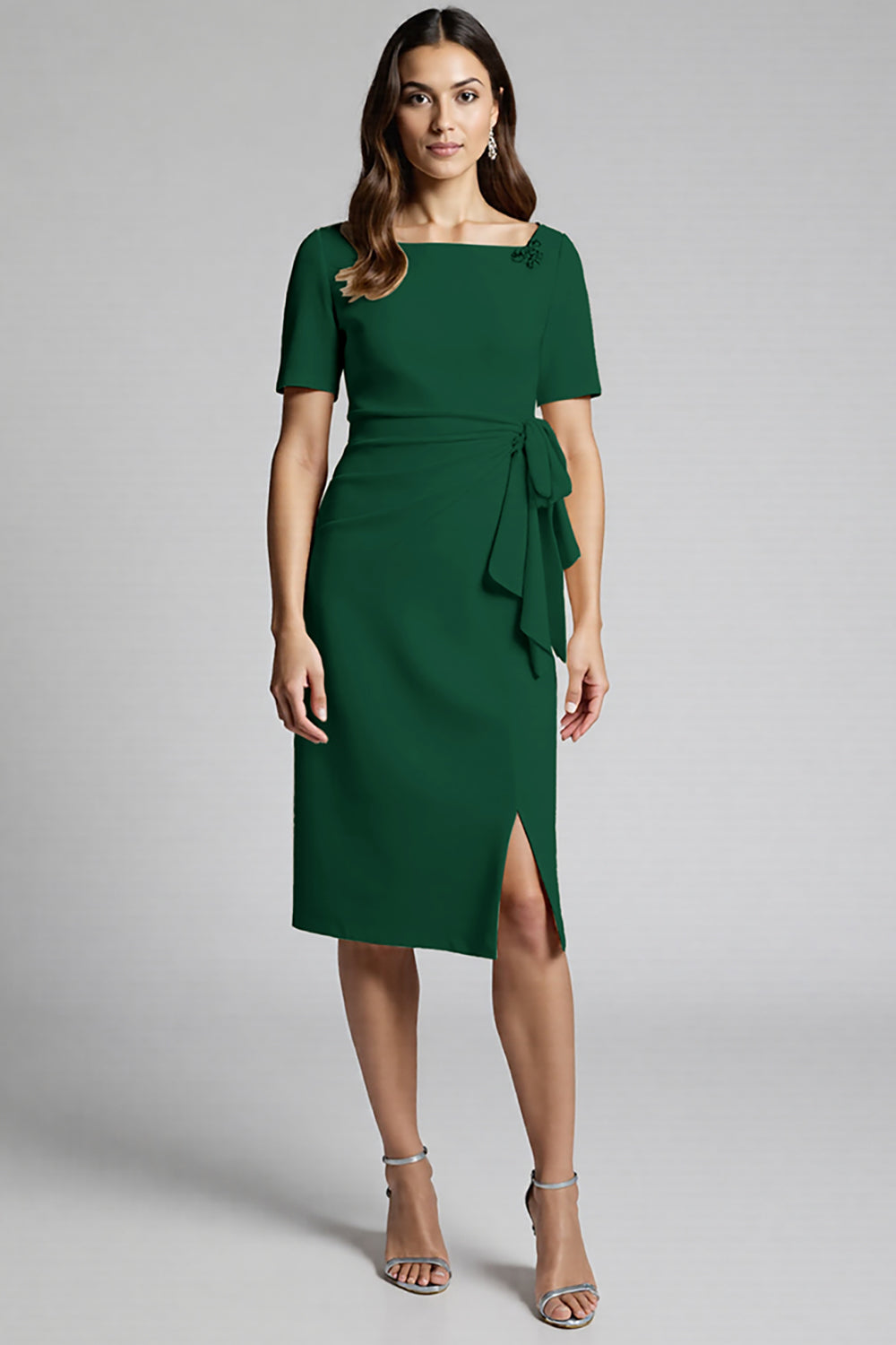 Ruffled Champagne Sheath Midi Dress with Slit - Image 9