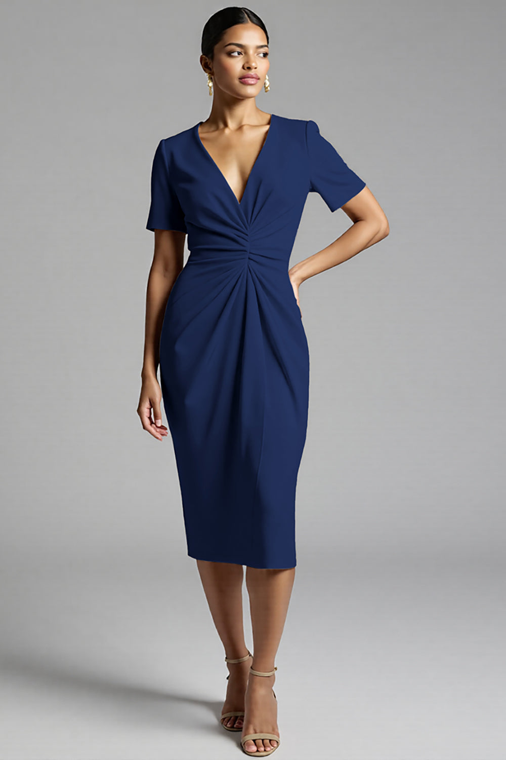Ruched Champagne Bodycon Midi Dress - Image 11