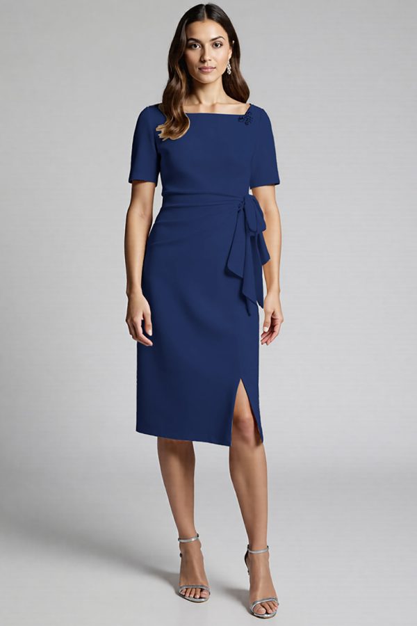 Ruffled Champagne Sheath Midi Dress with Slit - Image 11