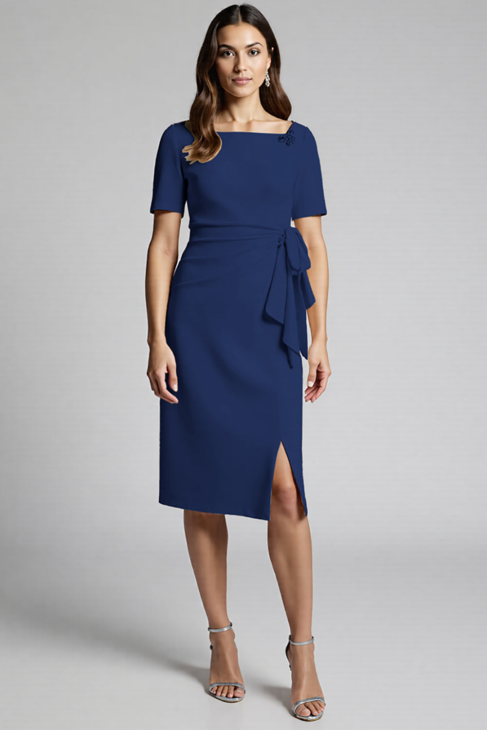 Ruffled Champagne Sheath Midi Dress with Slit - Image 11