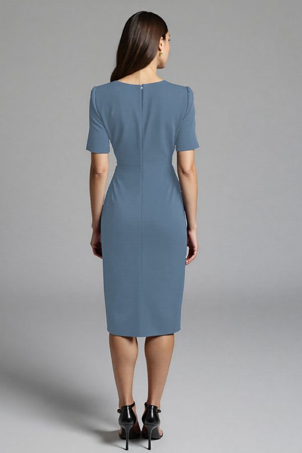 Ruched Navy Short Sleeve V-Neck Midi Dress - Image 12