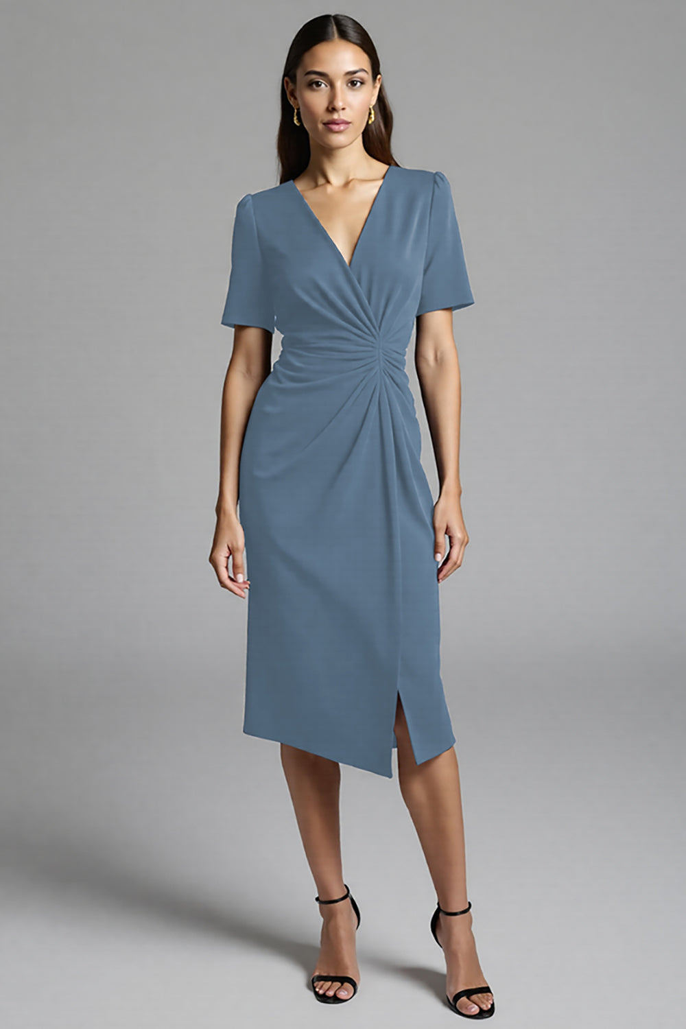 Ruched Navy Short Sleeve V-Neck Midi Dress - Image 11