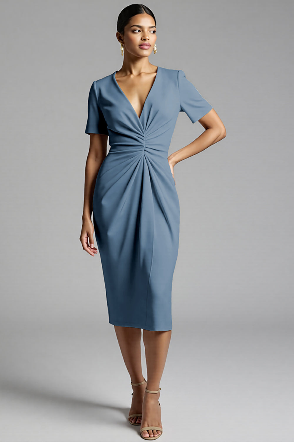 Ruched Champagne Bodycon Midi Dress - Image 13