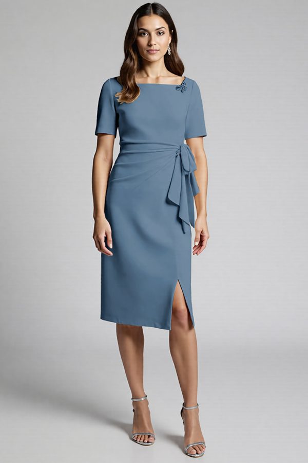 Ruffled Champagne Sheath Midi Dress with Slit - Image 13