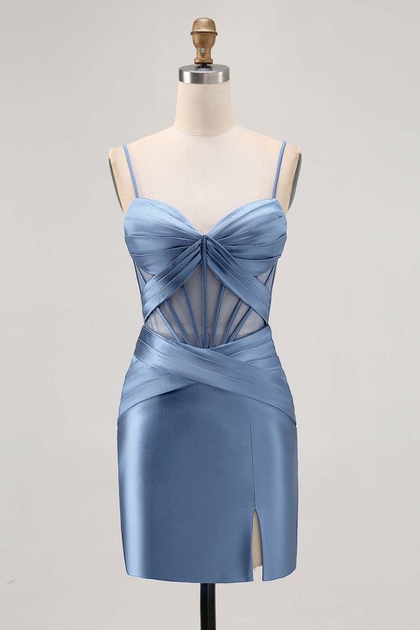 Royal Blue Sheer Corset Satin Tight Homecoming Dress with Slit - Image 17