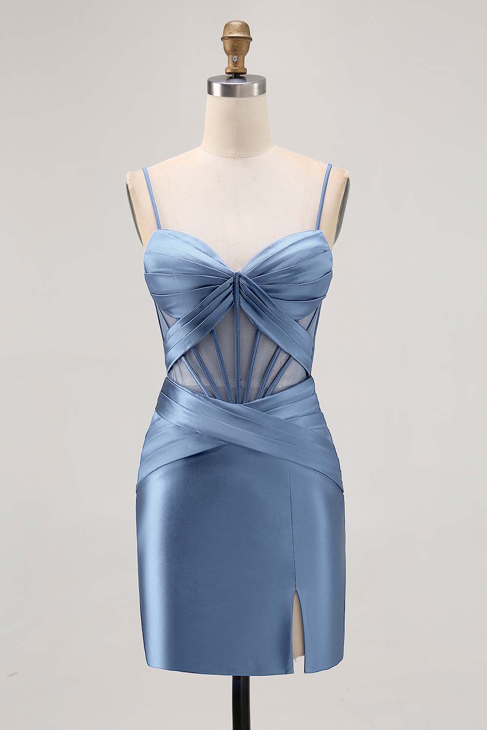 Royal Blue Sheer Corset Satin Tight Homecoming Dress with Slit - Image 17